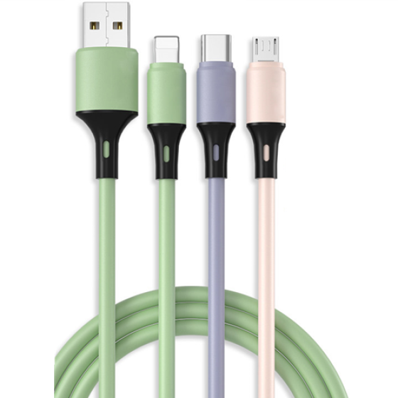 5A Fast Charging 3-in-1 Triple Head Data Cable, Liquid Soft Silicone Multi-Function Charging Cable for Mobile Devices