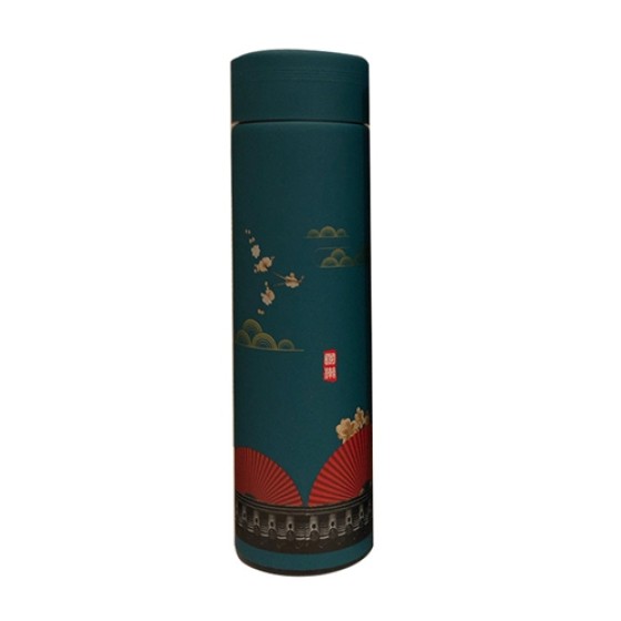 Creative Chinese-style Trendy Vacuum Insulated Cup, Unisex Student Portable Illustration Art Tea Brewing Water Bottle green