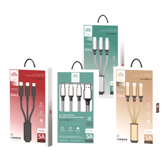 3-in-1 5A Fast Charging Braided Data Cable, 2m